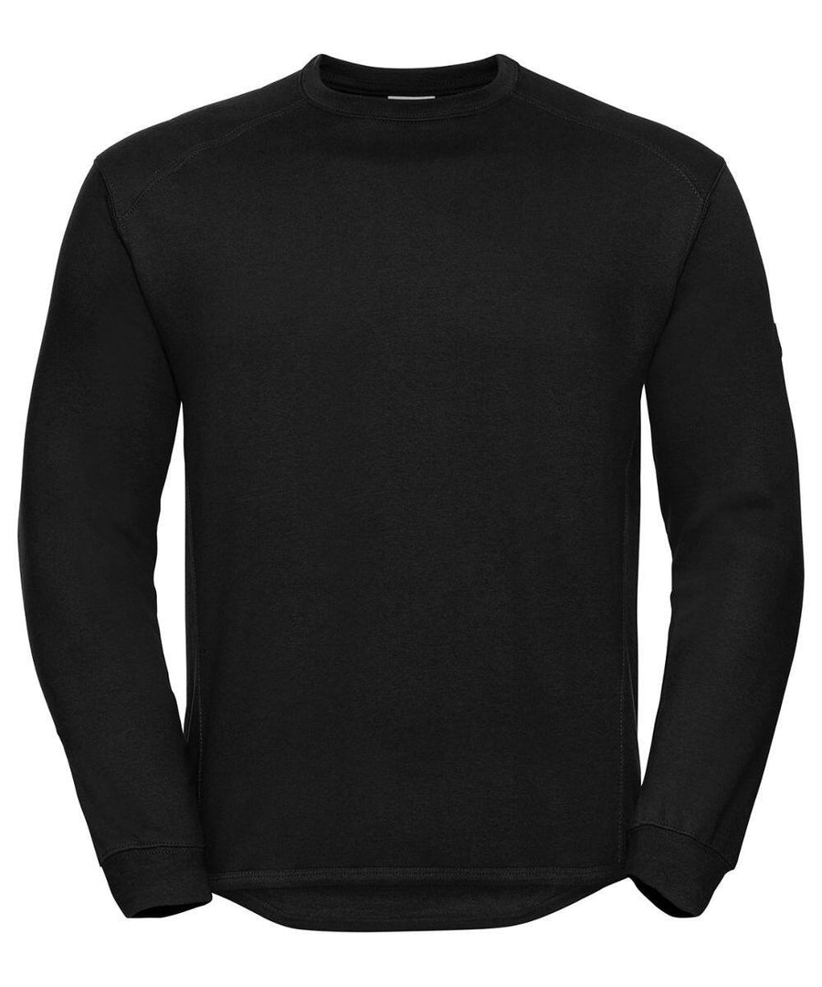 J013M black long-sleeve crew-neck sweater by Russell displayed on a white background.