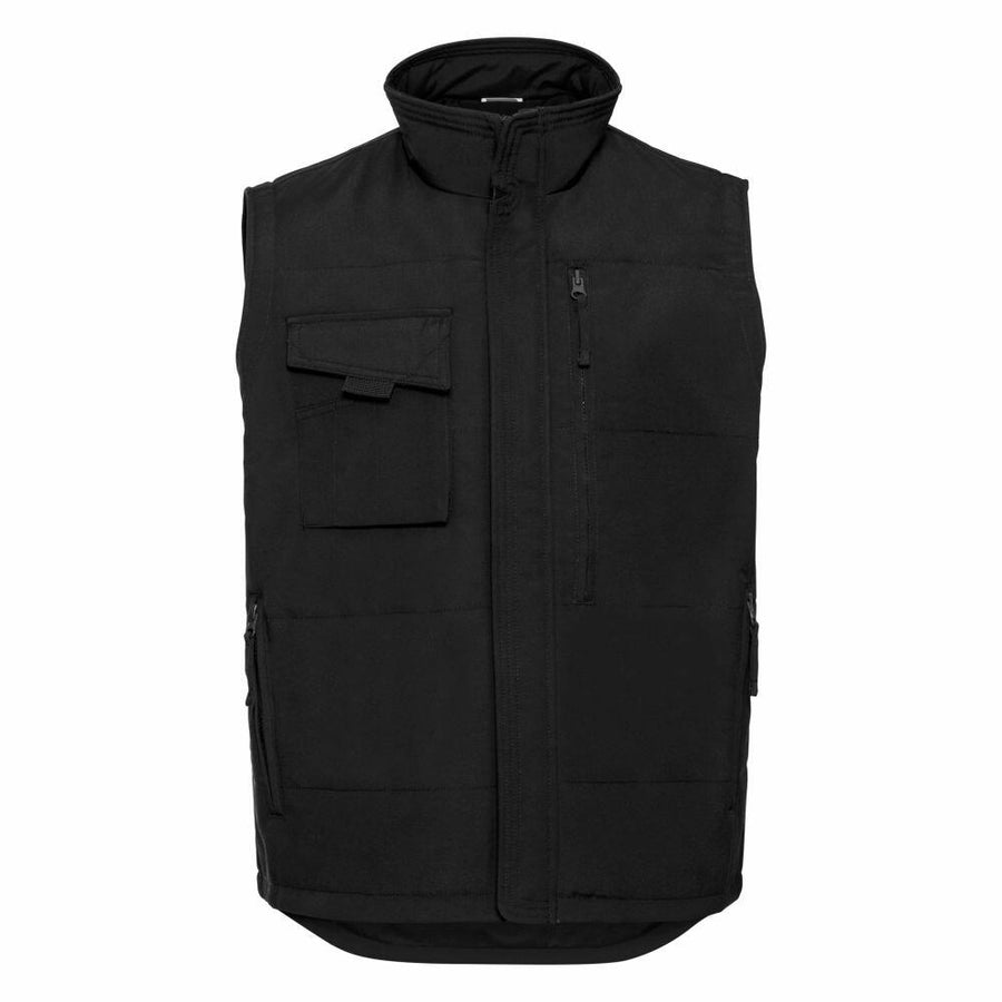 The black Russell utility vest, model J014M, features multiple pockets and a high collar.