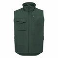 A Russell outdoor vest in dark green, featuring multiple pockets and a high collar, displayed on a plain white background.