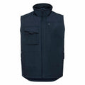 Introducing the Russell J014M, a black tactical vest featuring a high collar and several zippered and flap pockets on the front, specifically designed for utility and outdoor activities.