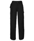 Russell's J015M cargo pants in black feature multiple side pockets and a button closure.