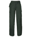 Russell's J015M features dark green cargo pants equipped with multiple pockets and a button closure, showcased against a white background.