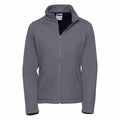 J040F by Russell, a gray fleece jacket featuring a high collar and zip closure, showcased front-facing against a white background.