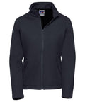 A J040F zip-up black fleece jacket from Russell, featuring two front pockets and a high collar, is displayed on a plain white background.
