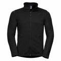 A Russell J040M black zip-up fleece jacket featuring long sleeves and a stand collar.