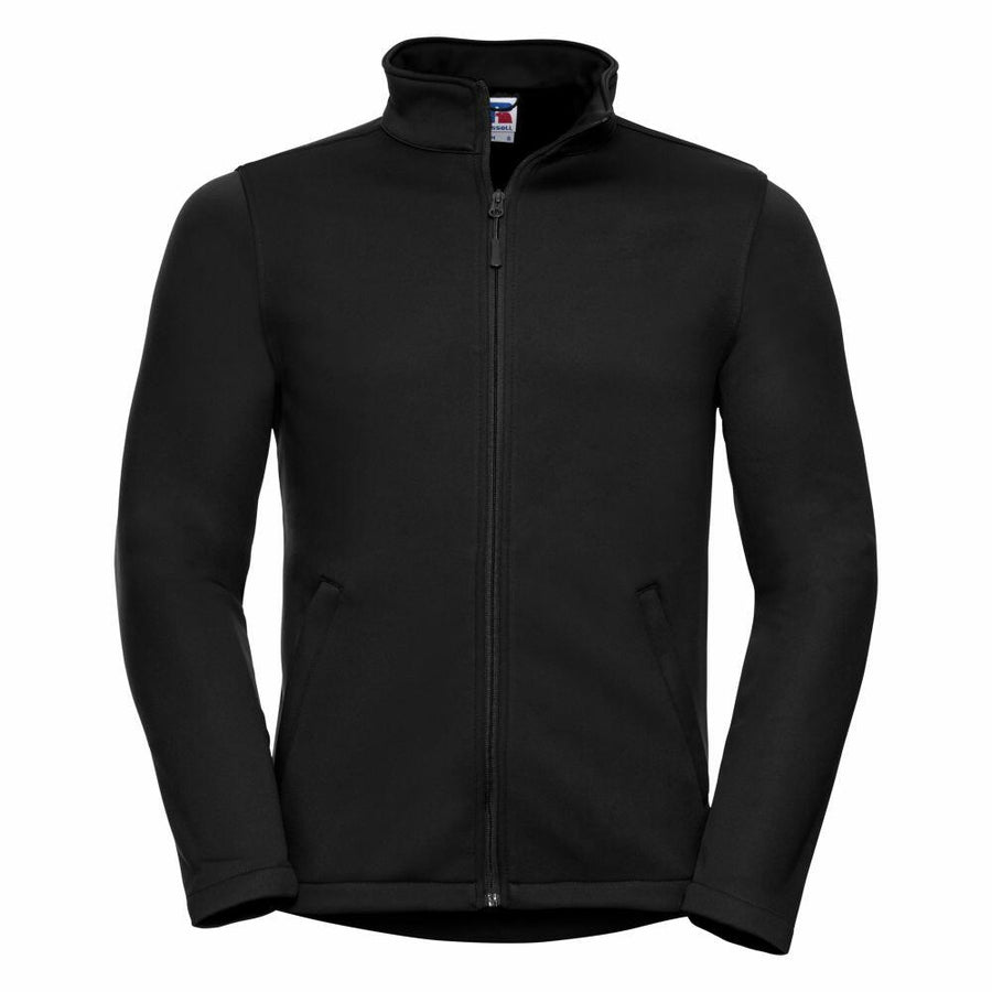 A Russell J040M black zip-up fleece jacket featuring long sleeves and a stand collar.