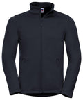 The Russell J040M is a black zip-up fleece jacket featuring a high collar and two side pockets. It boasts a simple and sleek design, making it ideal for casual wear.