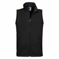 Russell's black zip-up vest, model J041M, featuring a high collar and side pockets, is showcased against a white background.