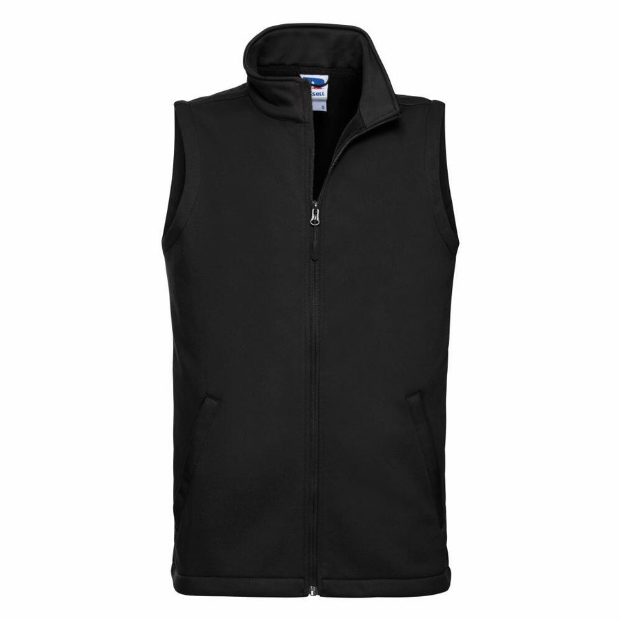 Russell's black zip-up vest, model J041M, featuring a high collar and side pockets, is showcased against a white background.