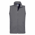 The J041M vest by Russell features a gray sleeveless fleece design, complete with a front zipper and two side pockets, set against a plain white background.