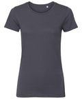 A plain dark gray J108F short-sleeve T-shirt from Russell is displayed against a white background. Featuring a round neckline, it appears to be crafted from soft, lightweight fabric and is unadorned with no visible logos or designs.