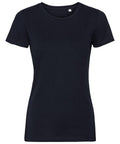 The Russell J108F women's fitted T-shirt is plain black, featuring short sleeves and a round neckline, displayed against a white background.