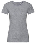 A plain, light gray, short-sleeved T-shirt from Russell's J108F collection is displayed on a white background. This shirt offers a classic round neckline and boasts a simple, unadorned design.