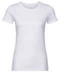 The Russell J108F is a plain white, short-sleeve T-shirt showcased against a white background. It features a classic crew neck and a fitted design, highlighting its simple and clean style.