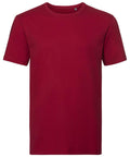 The Russell J108M, a simple red t-shirt featuring short sleeves and a round neckline, is displayed against a white background.