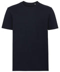 The J108M by Russell is a plain black T-shirt set against a white background. It features short sleeves, a round neckline, and maintains a minimalist look with no visible logos or designs.