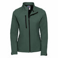 Introducing the Russell J140F: a green softshell jacket featuring a high collar, front zipper, and convenient zippered pockets.