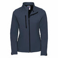 Introducing the Russell J140F: a sleek, fitted softshell jacket in navy blue. It features a high collar, front zipper, and zippered pockets. Designed with long sleeves, this versatile piece is perfect for both casual outings and outdoor activities.