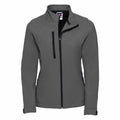 A sleek and sporty design is showcased with the Russell J140F gray zip-up jacket, featuring a high collar, a zippered chest pocket, and two side pockets, all displayed against a plain white background.