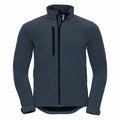 The Russell J140M is a dark gray zip-up jacket featuring a high collar and a zippered chest pocket. This jacket boasts long sleeves and a sleek, form-fitting design.