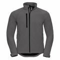 A gray zip-up jacket with a high collar and multiple black zippered pockets, from the Russell brand's J140M line, displayed on a white background.