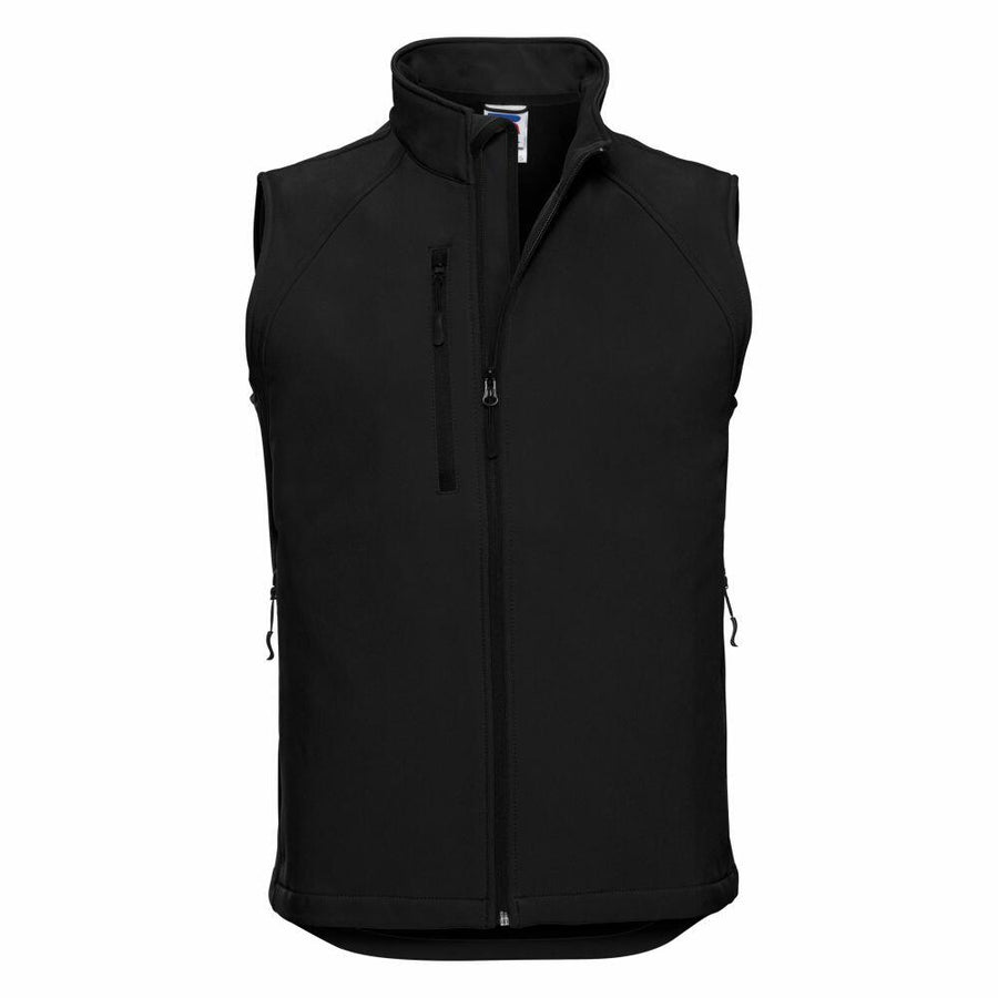 A Russell J141M black sleeveless vest, featuring a high collar and zippered front, is displayed against a plain background.