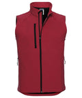 Russell's J141M is a red sleeveless jacket featuring a front zipper and a chest pocket, displayed on a plain white background.