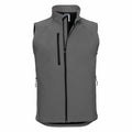 Russell's J141M is a gray zip-up sleeveless vest with a high collar, featuring two side pockets and one chest pocket with zippers, displayed on a white background.