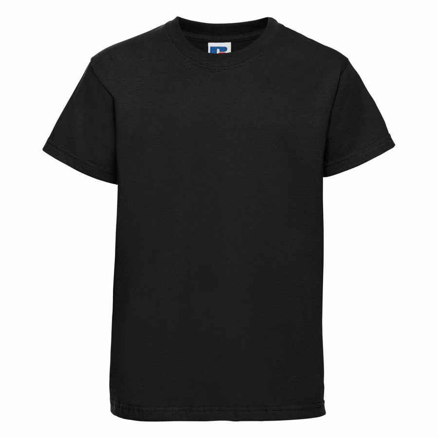 Russell J180B plain black t-shirt featured on a white background.