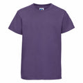 A plain purple J180B T-shirt from Russell displayed against a white background, featuring a classic crew neck and short sleeves.
