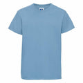 A plain light blue T-shirt from the Russell brand, model J180B, is displayed against a white background. It features short sleeves and a crew neckline.