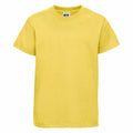 A plain, bright yellow T-shirt from the Russell brand, model J180B, is displayed on a white background. The T-shirt features a round neckline and short sleeves, with a simple design and no visible logos or patterns.