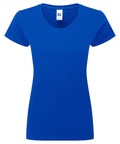 A women's royal blue T-shirt with short sleeves and a round neckline is displayed on a white background, featuring a small white logo tag at the back of the collar.