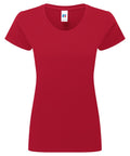 A fitted, short-sleeved red T-shirt with a crew neckline is shown on a white background. A small white label featuring the logo is visible at the neckline.