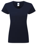 A navy blue T-shirt product is displayed flat on a white background. It features short sleeves, a round neckline, and a visible label at the collar.