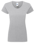 A women’s T-shirt in plain light grey with short sleeves and a round neckline is shown against a white background; a visible brand tag appears inside the collar.