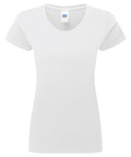 The T-Shirts product is a fitted women's crew neck with short sleeves in plain white, shown on a white background. A small manufacturer's label is visible inside the collar.
