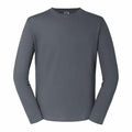 A Russell J180L gray, long-sleeve T-shirt is displayed against a white background.