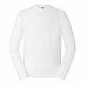 A plain white J180L long-sleeve t-shirt from Russell is displayed against a white background, featuring a simple round neckline with no visible branding or embellishments.