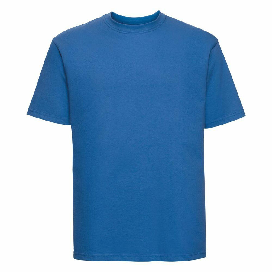 A Russell J180M t-shirt in plain blue set against a white background.