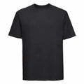 J180M by Russell, a black plain short-sleeve t-shirt set against a white background.