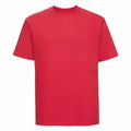 The J180M t-shirt by Russell is depicted against a white background, featuring a plain red design with a round neckline and short sleeves, embodying a classic and simple style.