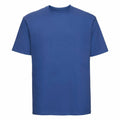 A plain blue J180M short-sleeved T-shirt by Russell, featuring a crew neckline, displayed against a white background.