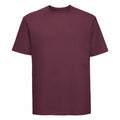 Introducing the Russell J180M, a maroon t-shirt featuring short sleeves and a classic crew neckline, displayed on a white background.