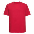 The Russell J180M T-shirt, featuring a plain red design with short sleeves and a round neckline, is presented against a white background. Its simple and classic style shines through.