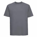 A plain gray T-shirt, model J180M by Russell, is displayed against a white background. This shirt features a crew neck and short sleeves, showcasing a simple and clean design.