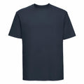 The Russell J180M, a plain black T-shirt featuring short sleeves and a round neckline, is displayed against a white background, neatly laid out to showcase its fit and style.