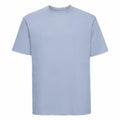 A light blue short-sleeve t-shirt, the J180M by Russell, showcased against a white background. This plain shirt features a round neckline.