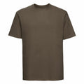 A J180M t-shirt from Russell, in a plain olive green color, is displayed on a white background. It features short sleeves and a round neckline, shown from the front.