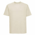 A plain, off-white short-sleeve T-shirt on a white background. The J180M by Russell features a simple crewneck design with no visible logos or patterns.